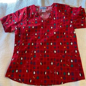 Red winter themed scrub top & penguin pattern